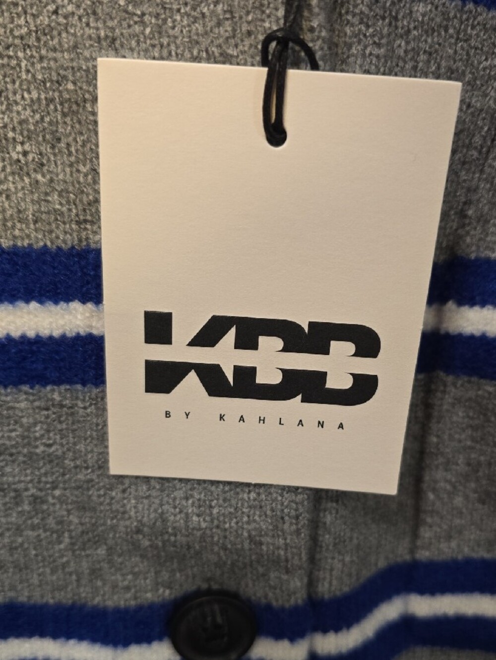 KBB Striped Gray & Royal Blue Knit Cardigan with White Collar - Picture 2 of 10